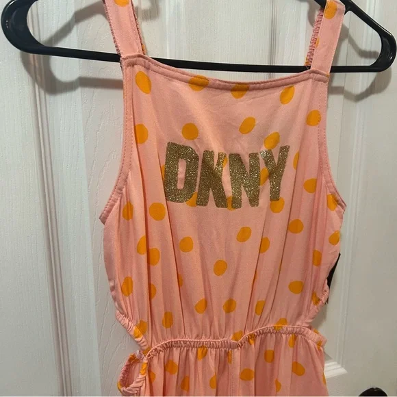 DKNY Girls Medium Romper Cut Out Side Pink Orange Polka Dot NWT Sleeveless - Picture 2 of 8